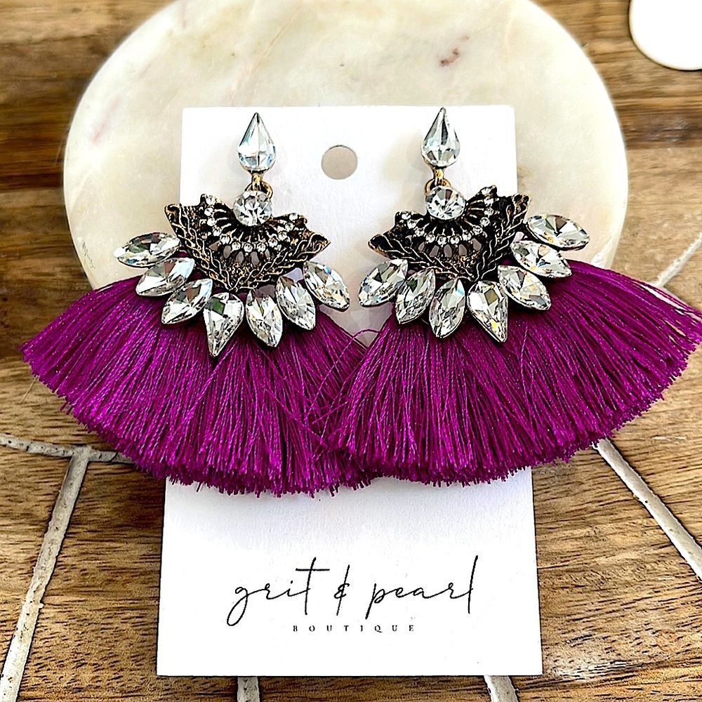 Purple Rhinestone Fan Tassel Statement Earrings